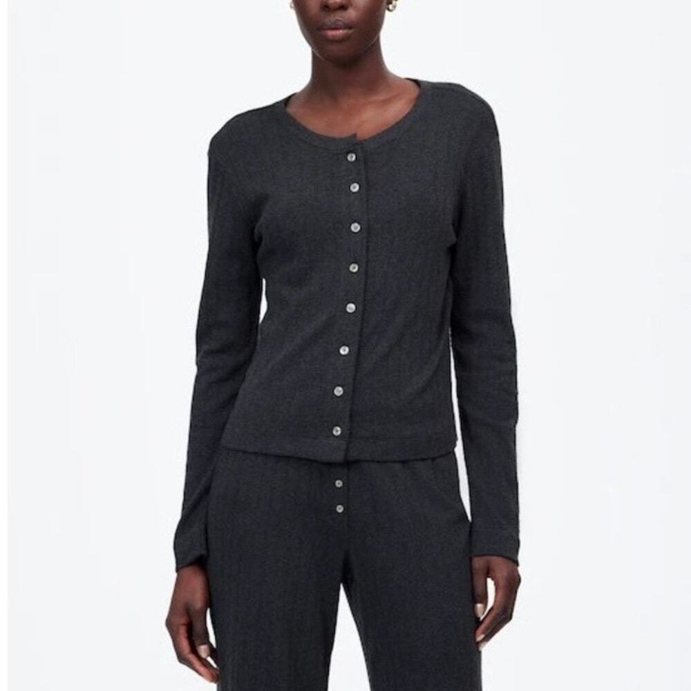 NWT Madewell x LESET Pointelle Classic Cotton Crew Cardigan Grey Melange Size XS